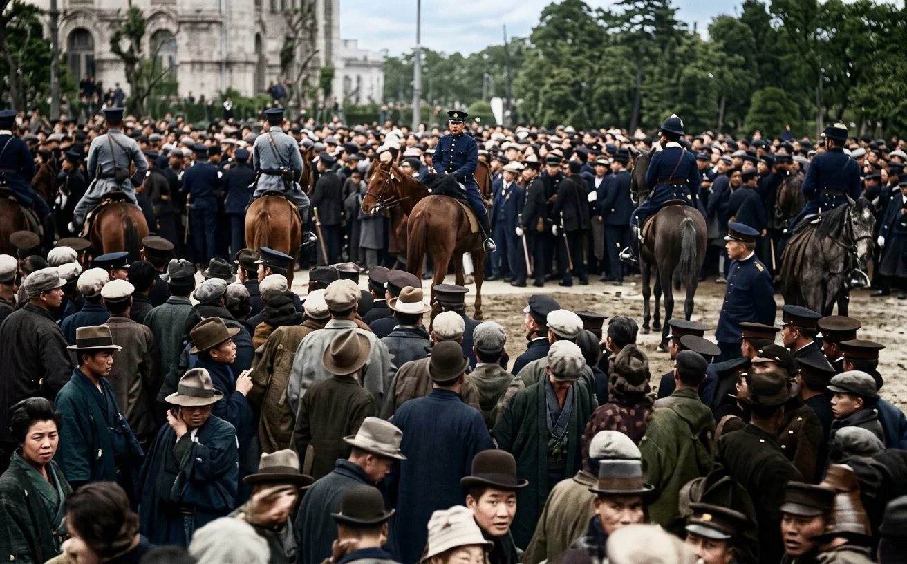 Photo by Paul Thompson, N. Y. The discontented and inflamed populace in Japan. The illustration shows mounted police seeking to keep order near parliament.