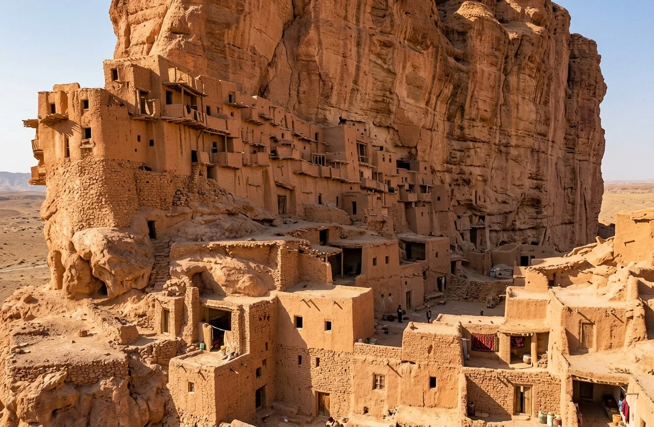 The village of Yazki Khas, in Persia, 130 high and 900 feet long, inhabited to-day, as it has been for untold centuries since the site was chosen, because of its inaccessibility to assailants.