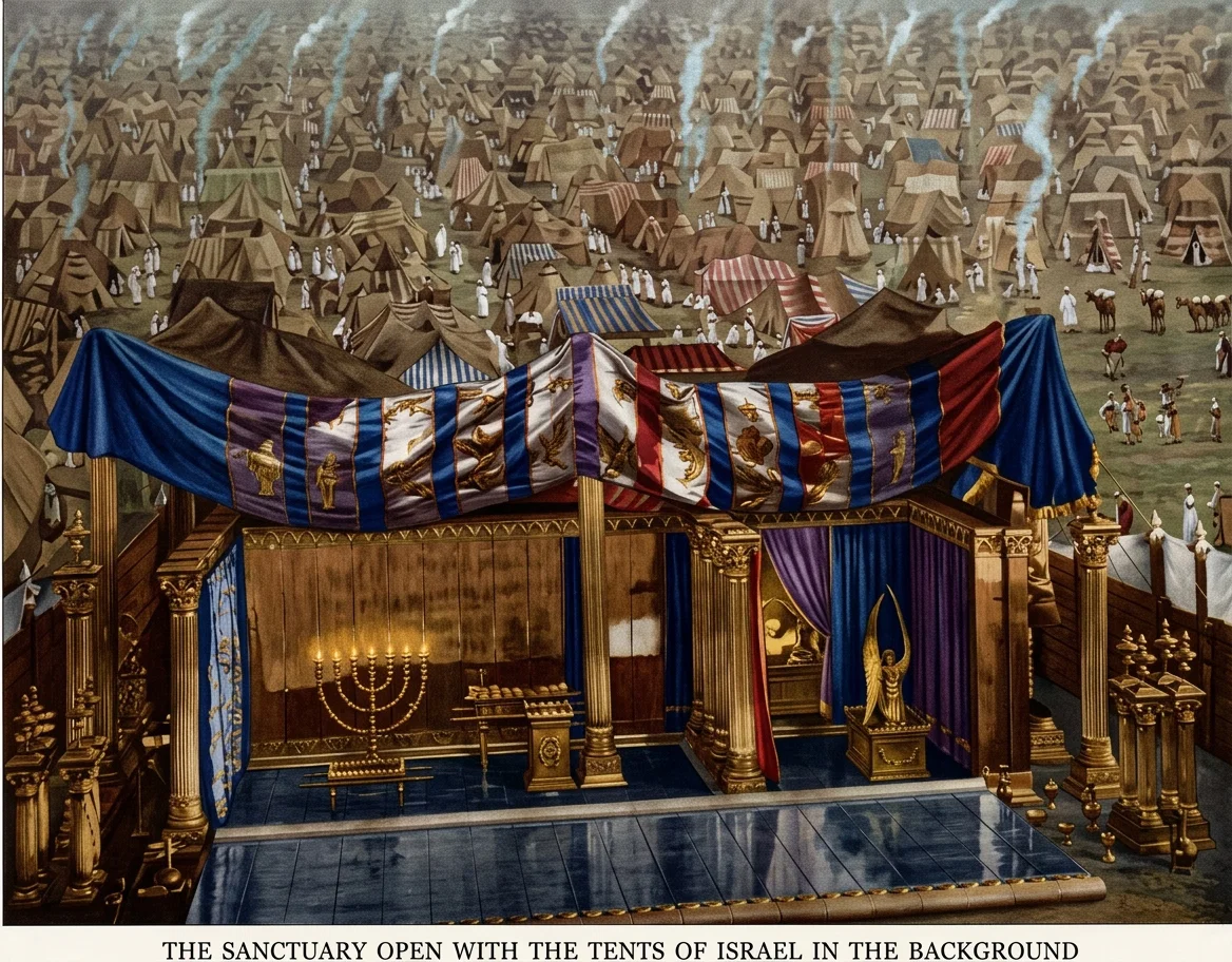 THE SANCTUARY OPEN WITH THE TENTS OF ISRAEL IN THE BACKGROUND