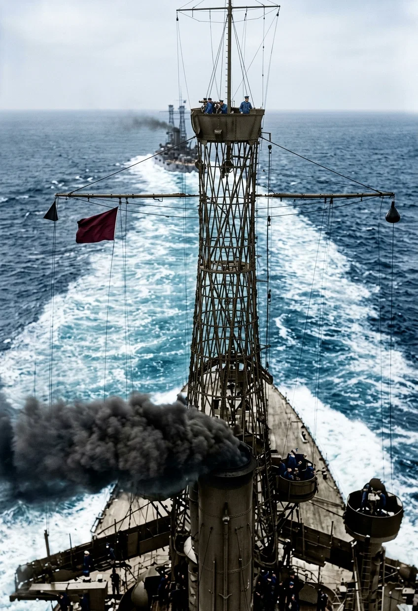 Military mast on a modern battleship, enabling the “spotter” to sight the enemy quickly, and also to observe the accuracy of range and fire.