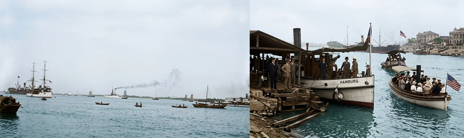 United States Steamer Helena in the center steaming into the Wuchang forts, requesting them not to fire while the missionaries are being moved to Hankow. American missionaries on the way from Wuchang to the foreign settlement in Hankow, escorted by Consul-General Green. (Photos by F. E. Stafford)