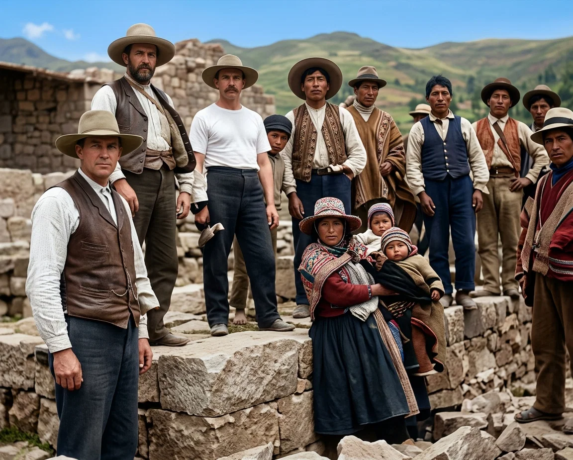 BRETHREN MAXWELL AND STAUFFER HELPING INDIANS ON THEIR CHAPEL AT LANCA, PERU, ON THE WESTERN SLOPE OF THE ANDES MOUNTAINS