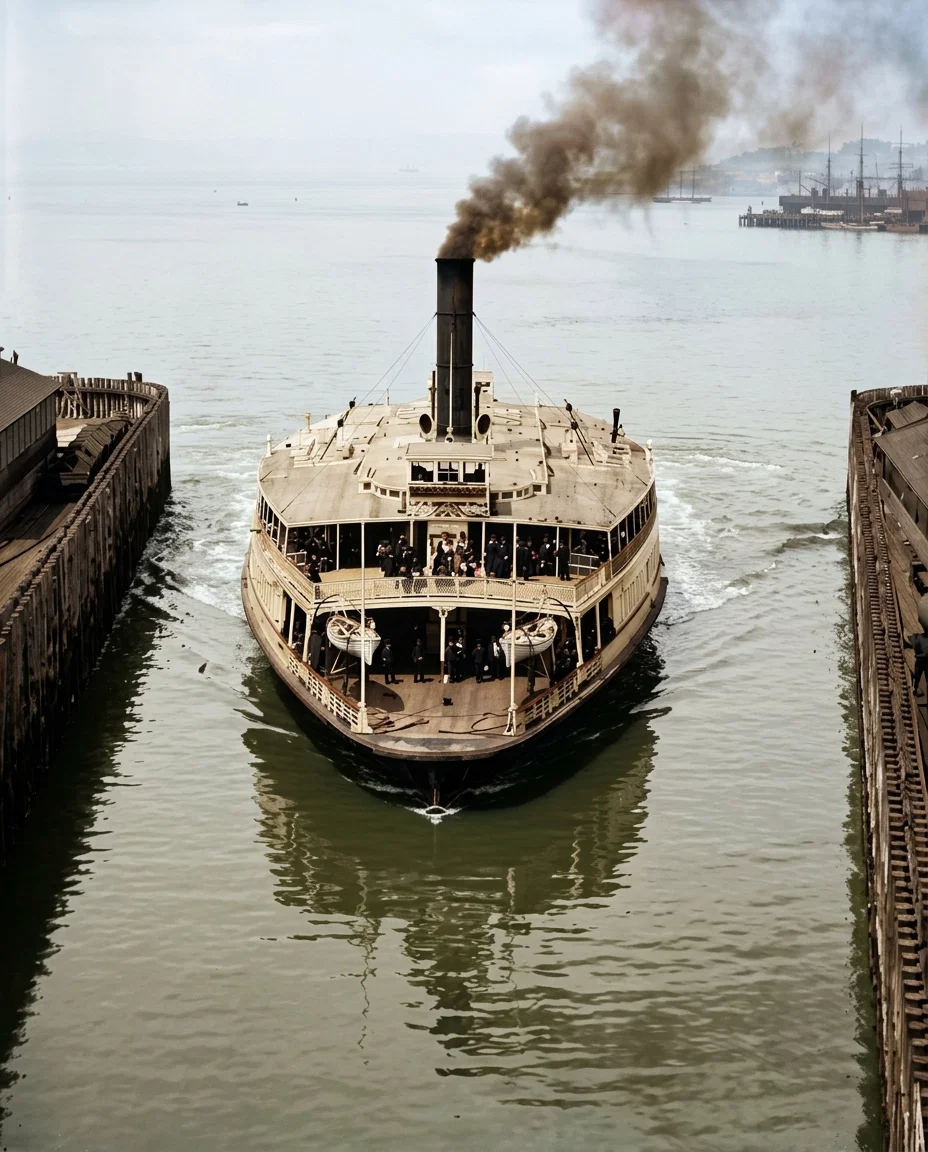 CALIFORNIA SCENERY. No. 24.—The best equipped ferry service in the world is that which plies between San Francisco and Oakland, and between San Francisco and Alameda. The Oakland boats connect also with Alameda by rail, and the Alameda boats connect also with Oakland by rail. The cars connecting with the boats and running the entire length of Oakland and Alameda are part of the ferry system; and one fare (10 cents) carries the passenger to any point along the line in either city by either route. The boats on each line make half-hour trips, alternating every fifteen minutes during the day, and alternating every half hour at night up to midnight. The picture above shows one of the boats entering the slip at the Oakland landing.