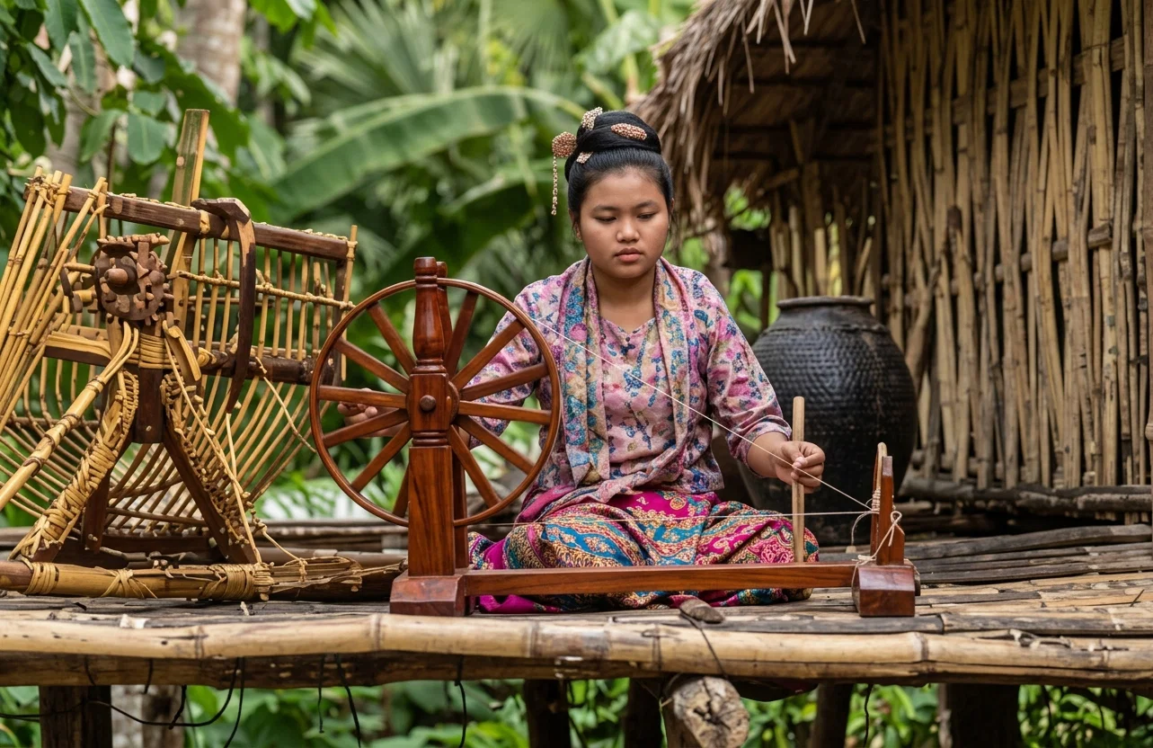 A BURMESE WOMAN SPINNING