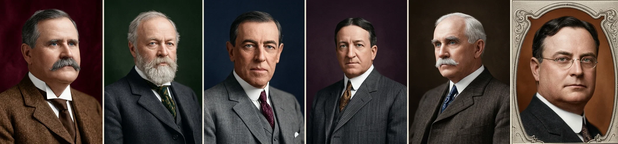 A row of prominent governors-elect, around whom great interests centered in the recent election. Beginning with the left they are in order as follows: Eugene N. Foss, of Massachusetts; Simeon E. Baldwin, of Connecticut; Woodrow Wilson, of New Jersey; John N. Dix, of New York; Judson Harmon, of Ohio; Hiram M. Johnson, of California. The first five are Democrats who were elected in strong Republican states, with large majorities. Mr. Harmon, of Ohio, is now serving as governor in that state.
