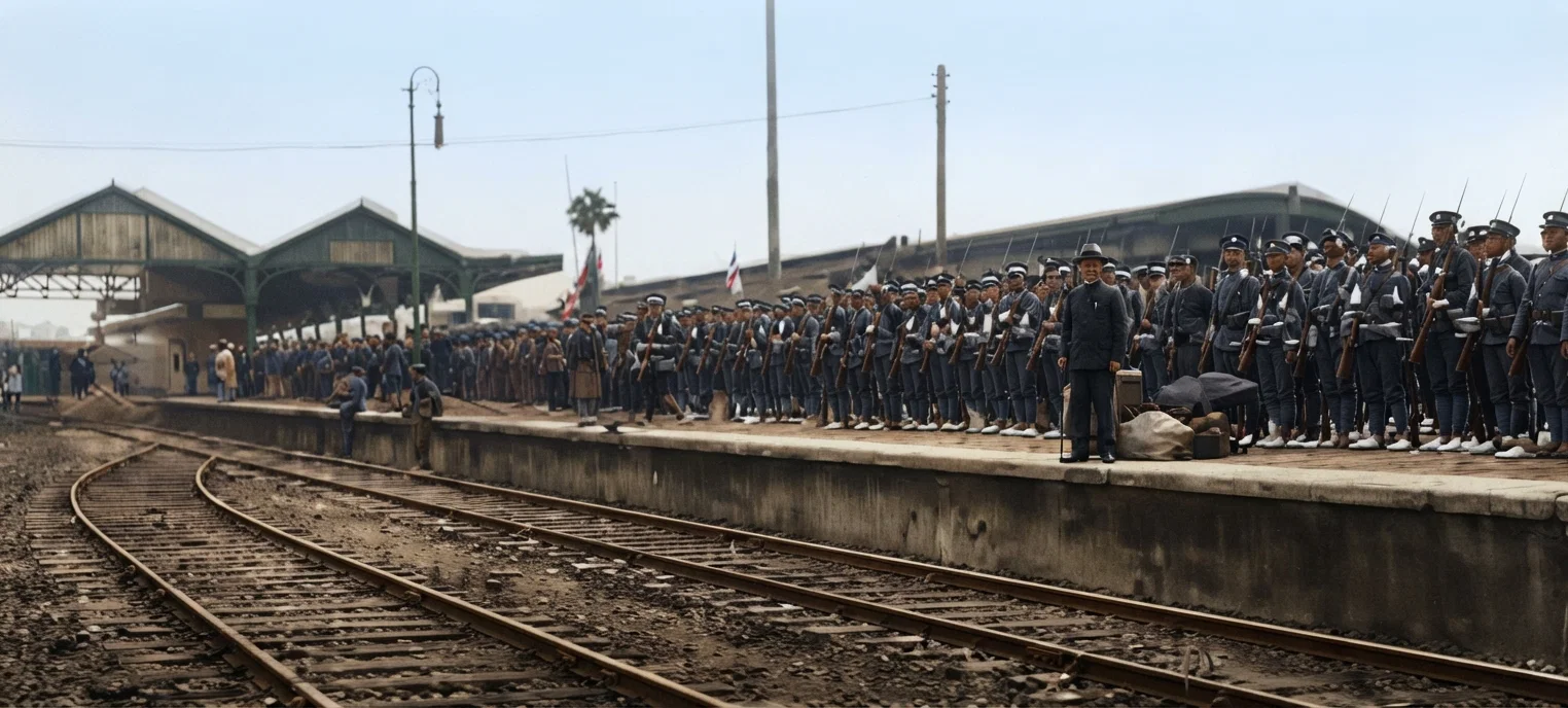 Shanghai troops waiting at the station, en route to Nanking. The Commercial Press Volunteers are among them, the manager walking in front, marked by X. It is with this Press and these men that our correspondent used to be connected.