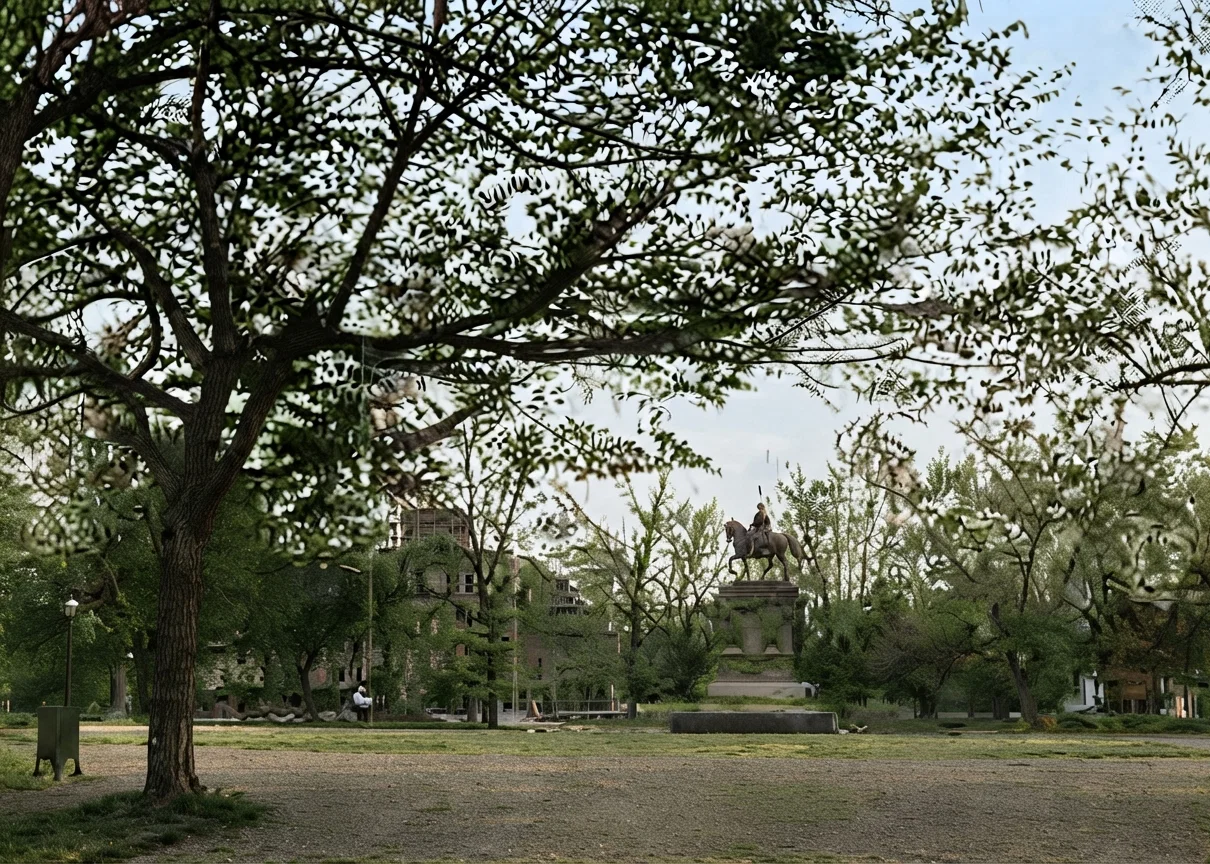 Iowa Circle, Takoma Park, Washington; new Sanitarium in process of construction showing through the trees.
