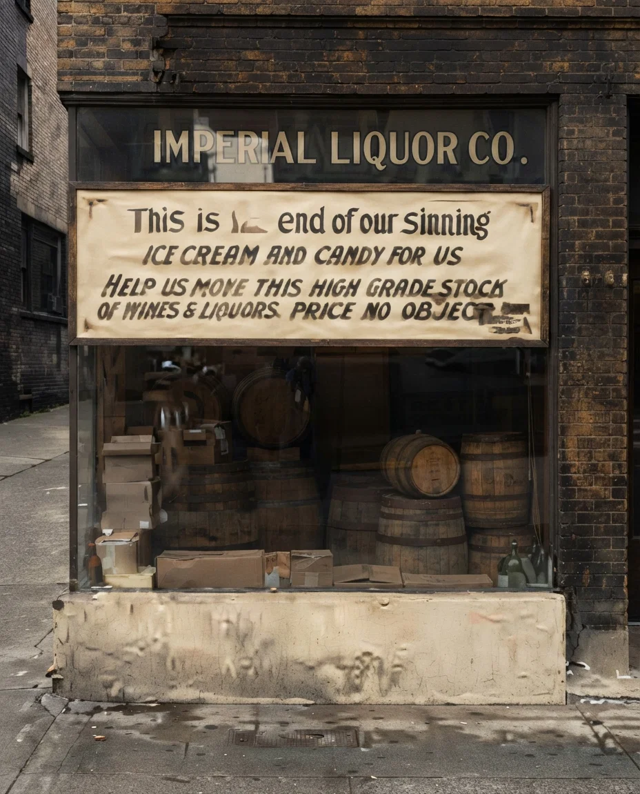 Wholesale liquor store in Seattle, Washington, after the people had voted for state-wide prohibition, and before it had gone into effect. Note the significant sign in the window. See companion picture on next page.