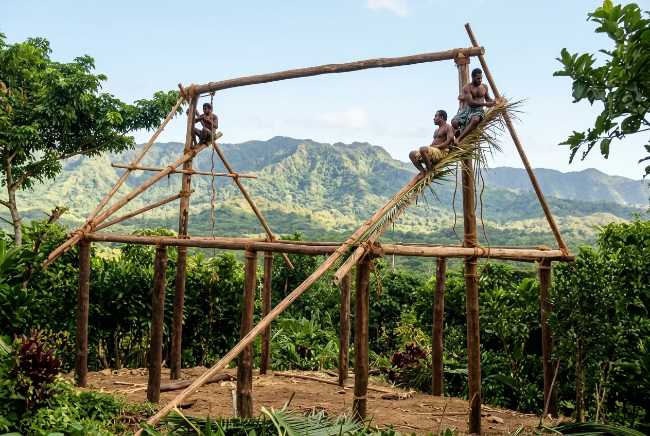 FIJIANS BUILDING A HOUSE