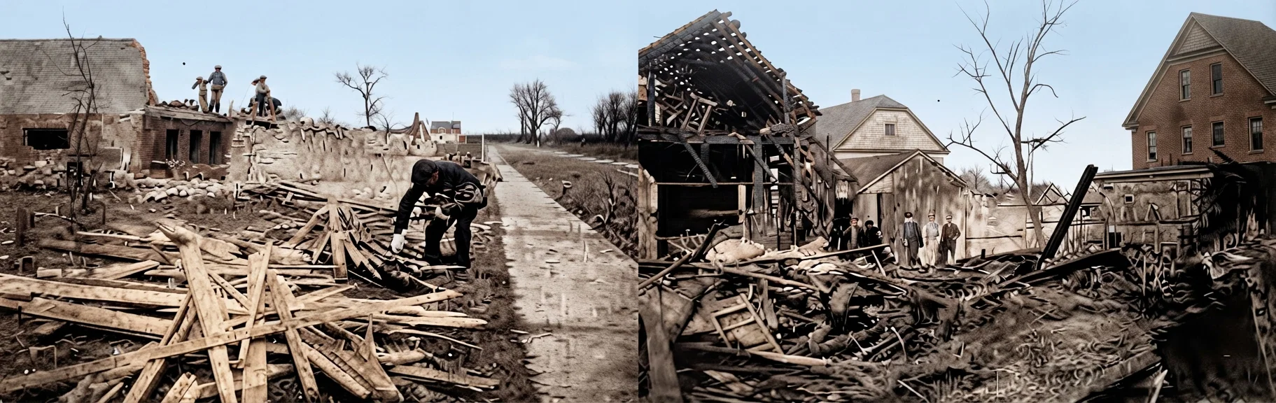 These pictures tell us a graphic story of what dynamite has been doing in different parts of the country. The one on the right is the wreck of Albert Von Spreckelson's planing-mill, North Street and Highland Avenue, Indianapolis, blown up at midnight, October 22, 1909. The one on the left is the wreckage of the Indianapolis new library building, blown up by the dynamiters; also mentioned in Detective Burns's statement.