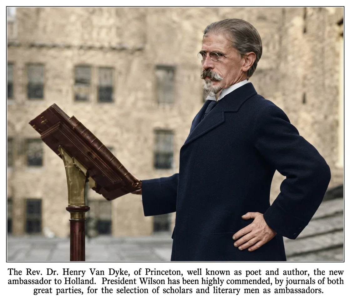 The Rev. Dr. Henry Van Dyke, of Princeton, well known as poet and author, the new ambassador to Holland. President Wilson has been highly commended, by journals of both great parties, for the selection of scholars and literary men as ambassadors.