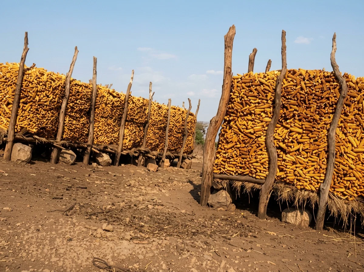 TWO CRIBS OF "MEALIES" (CORN) ON THE SOLUSI MISSION FARM, OUR FIRST MATABELELAND STATION, AFRICA