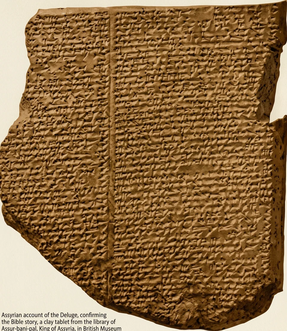 Assyrian account of the Deluge, confirming the Bible story, a clay tablet from the library of Assur-bani-pal, King of Assyria, in British Museum
