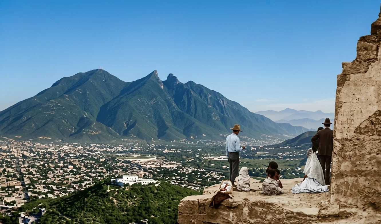 General view of Monterey looking eastward toward the Gulf of Mexico from the site of an old church which stands 500 feet above the city on a mountain ridge west of the city. Eighteen blocks of the city were washed away in a district just around the prominent white building in the center. Saddle Mountain in the distance.