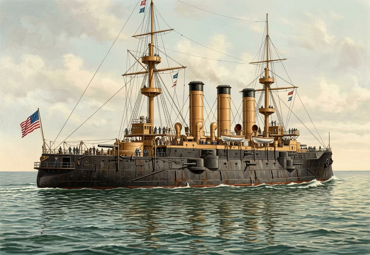 The Armored Cruiser New York.—Displacement, 8,200 tons. Speed, 21 knots.
Armor: Belt, 4 in; deck, 3 to 6 inches; barbettes, 10 inches; turrets, 5½ inches;
main battery consists of six 8-inch and twelve 4-inch rapid-fire guns. Her secondary
rapid-fire battery is eight 6-pounders, two 1-pounders, four Gatlings, and two
field guns. She has two torpedo tubes. Of this class* of vessels Great Britain has
18, France 13, Germany 7, Italy 8, Austria 2, Russia 14, Spain 8, the United States
2, Japan 4, Argentine Republic 1, Chile 2.