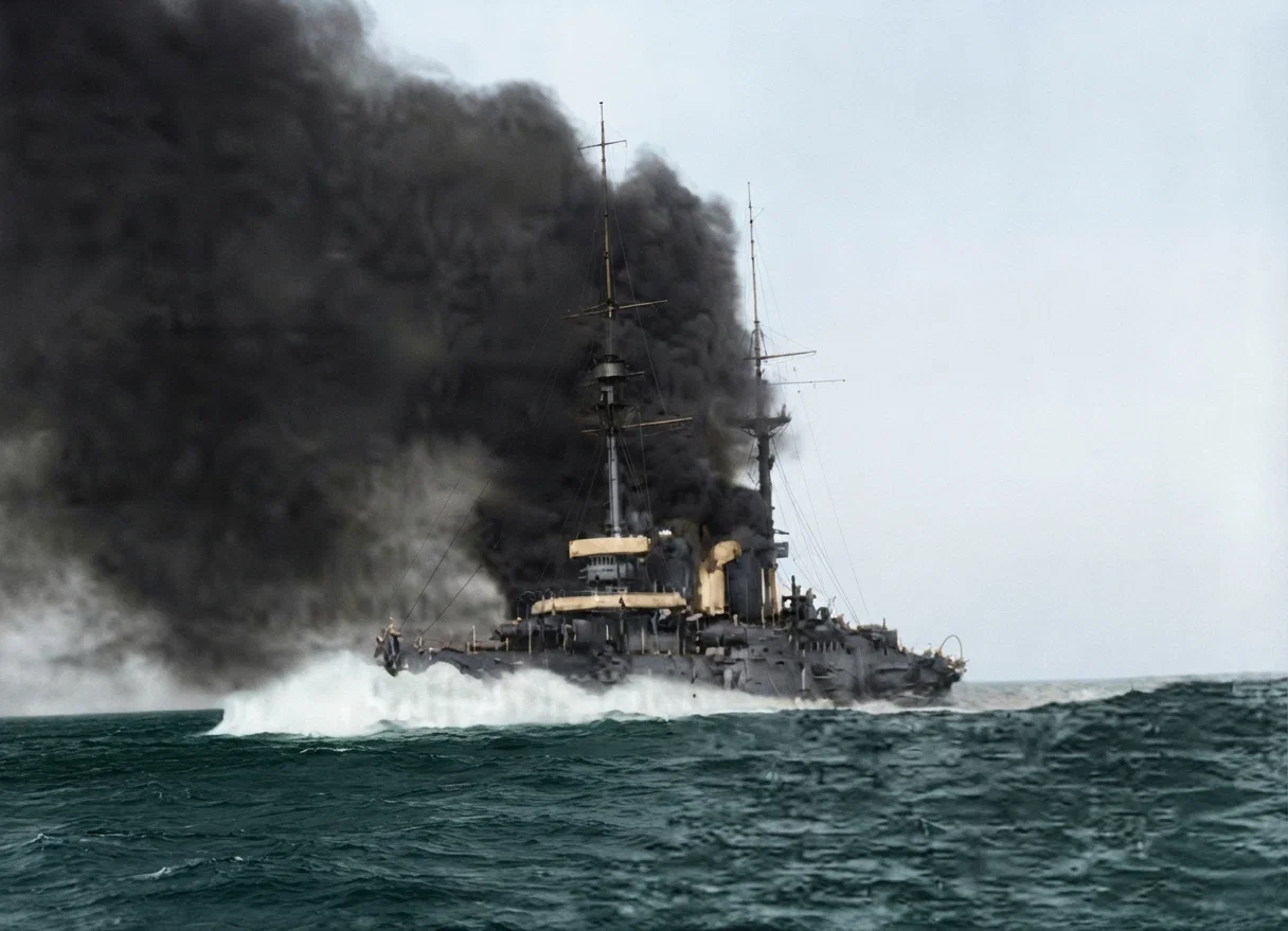 JAPANESE BATTLE-SHIP CRUISER AKI, ONE OF THE VESSELS NOW ENGAGED AT KIAU-CHAU BAY