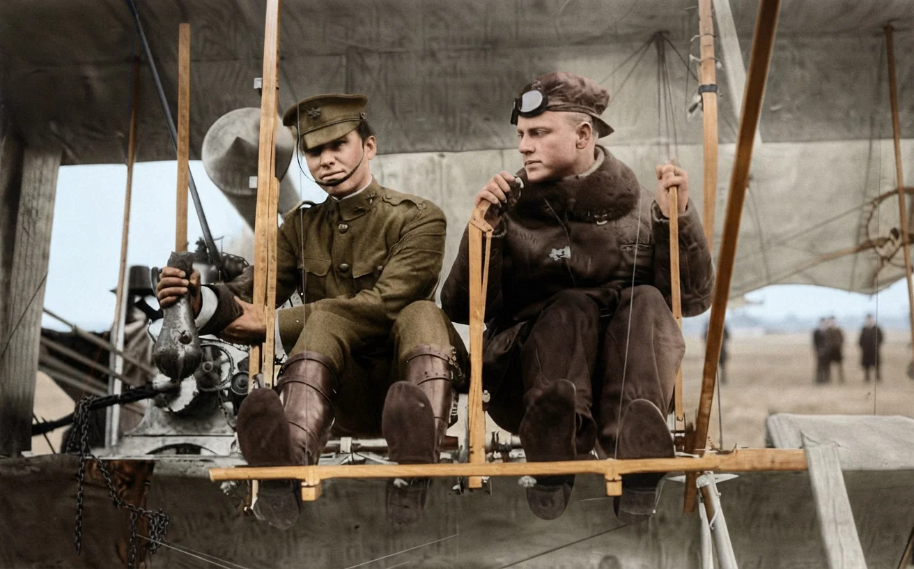 Lieutenant Crissy and Mr. Philip Parmalee about to start on their experimental bomb-throwing ride, January 15, 1911. The above is from the original photograph, kindly loaned us by the lieutenant. January 17 the same officer dropped two bombs from the same aeroplane. The first hit the water and failed to explode; the second, dropped from an altitude of 680 feet, at a silhouette target, missed it by only eight yards. It dug a hole 2½ feet in diameter by 2½ feet deep, scattering mud and pieces of the bomb over a circle 100 yards in diameter. Several pieces hit the target. On his next ascent Lieutenant Crissy will drop a 12-pound shrapnel bomb from an altitude of a thousand feet or more. Lieut. Paul W. Beck believes these experiments to be epochal.