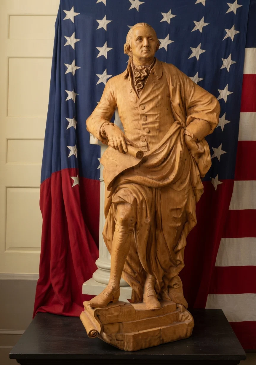 From a photograph of the statue of Washington in Independence Hall, Philadelphia. It was carved from yellow pine by William Rush, and is said to be the best statue of Washington made.