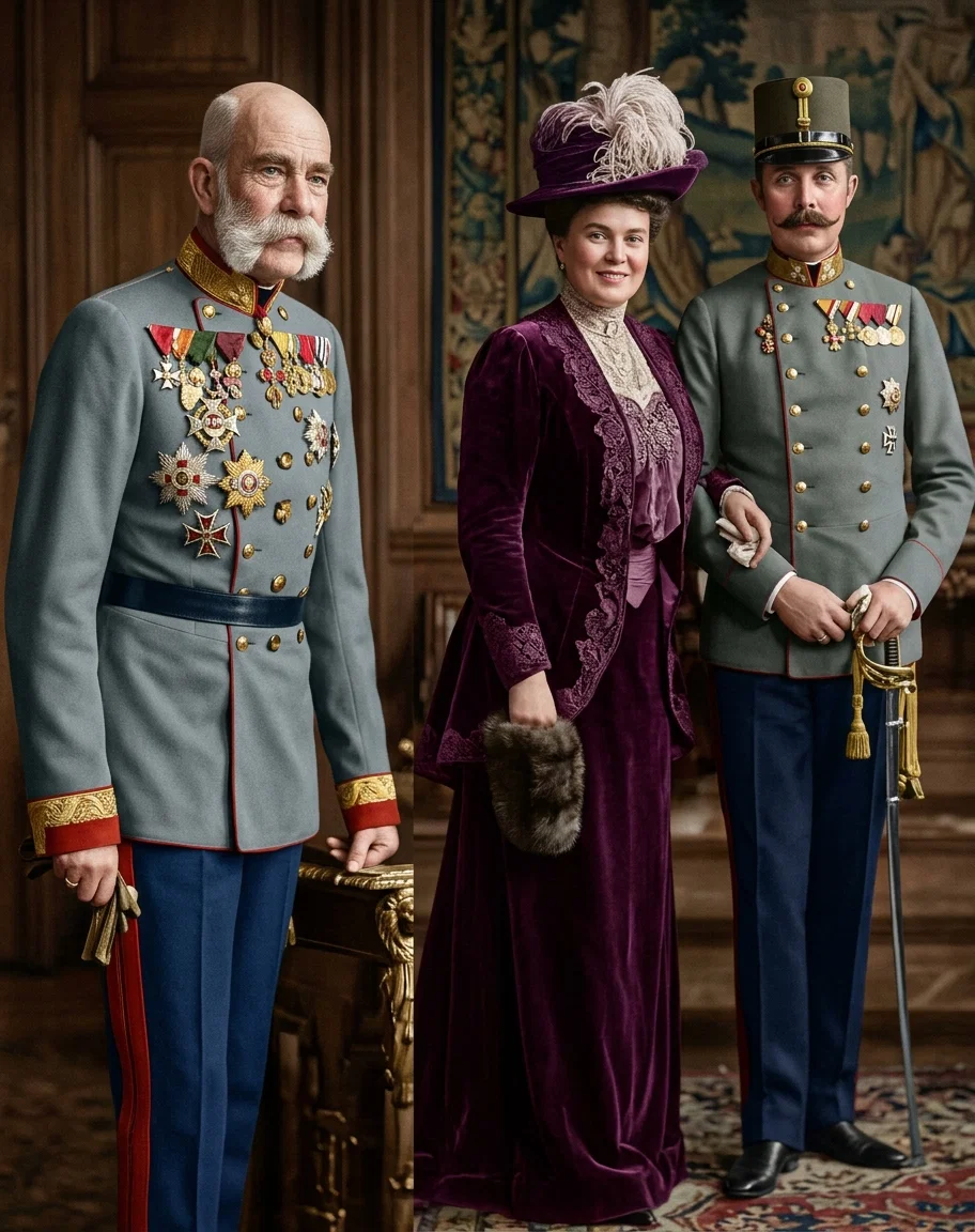 Francis Joseph, the aged emperor of Austria, and Archduke Franz Ferdinand and wife. The archduke is the head of the Austrian army, and is to succeed to the throne. He is said to be a man of great ability and a devout Catholic, and will doubtless be a prominent figure in the final settlement of the Balkan difficulty.