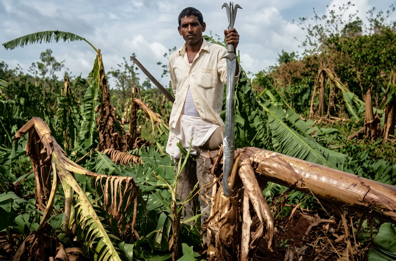 Photo by E. R. Button
A STORM-SWEPT BANANA FIELD, A SAMPLE OF THOUSANDS OF ACRES
In the foreground is a coolie, cutlass in hand, ready to begin clearing away the wreckage.