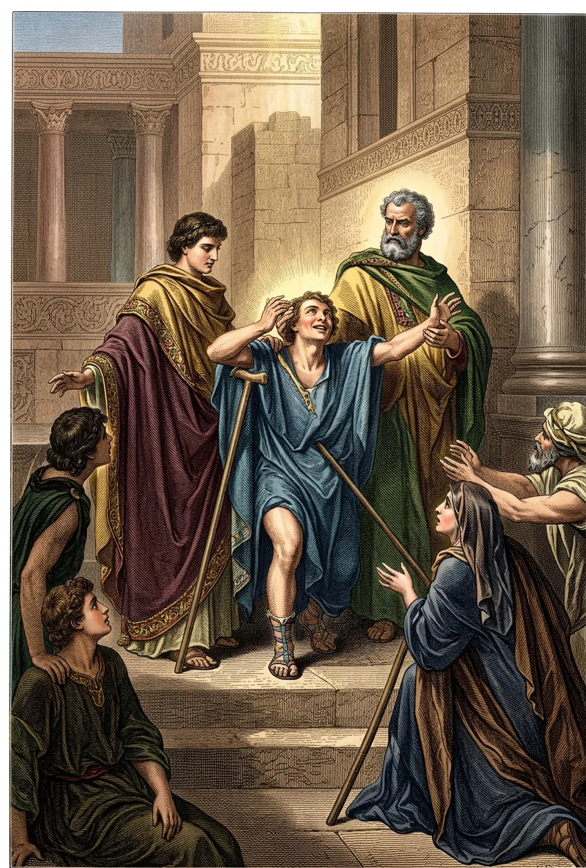 Peter and John heal the lame man at the entrance to the temple.