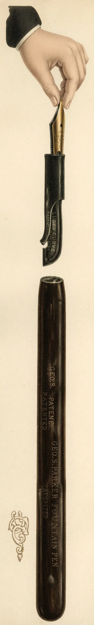 THE JOINTLESS, LUCKY CURVE GEO. S. PARKER FOUNTAIN PEN. THE SUCCESS OF THE PEN AGE.