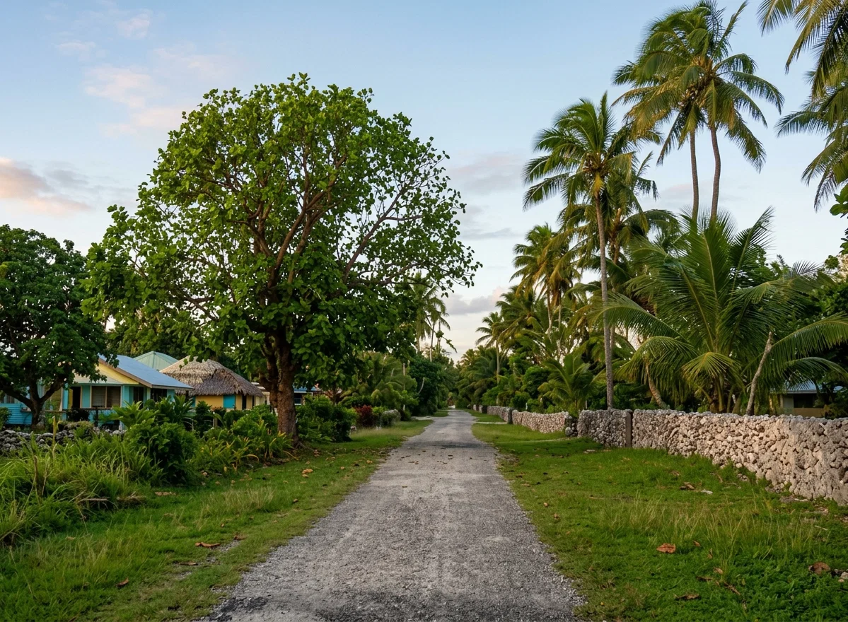 A ROAD THROUGH A RAROTONGAN VILLAGE, COOK ISLANDS