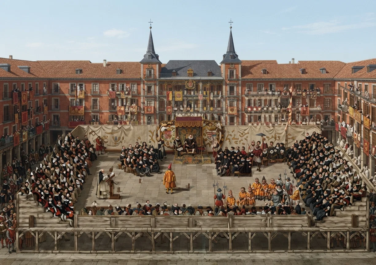 Reading of sentences by the Holy Office for an "Auto de fe," on the great square of Madrid. 1. King Philip and his court. 2. The inquisitors and their familiares. 3. The reader reading the sentences. 4. The culprit in special dress and cap. 5. Other prisoners.