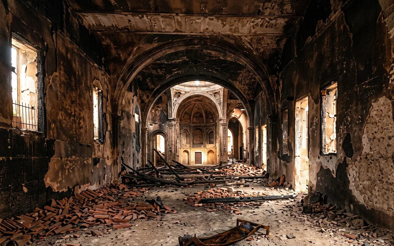 Interior of Barcelona church destroyed by fire during recent uprising.