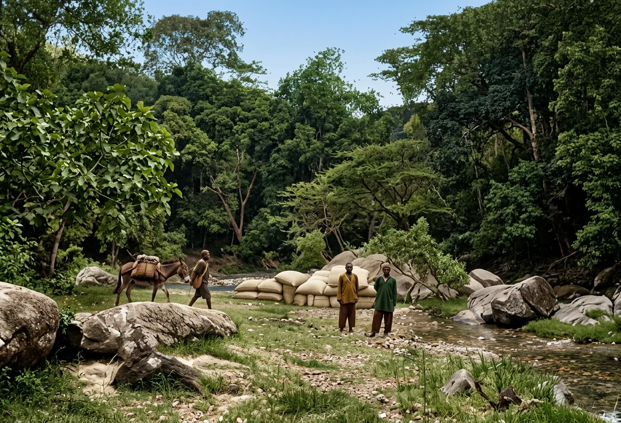 RIVER CROSSING NEAR FRIEDENSTAL MISSION STATION, GERMAN EAST AFRICA