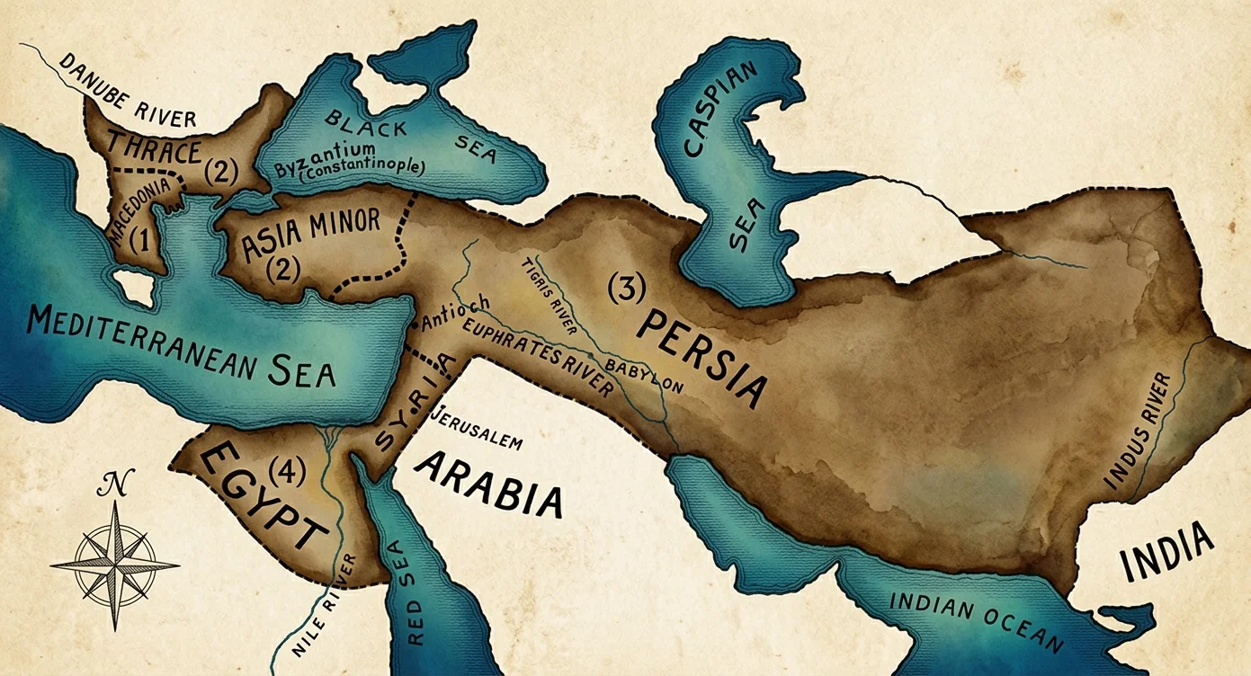 Map showing Alexander’s empire at the time of his death. (1) Macedon, kingdom founded by Cassander; (2) Thrace and Asia Minor, kingdom founded by Lysimachus; (3) Syria and Persia, kingdom founded by Seleucus; (4) Egypt, kingdom founded by Ptolemy.