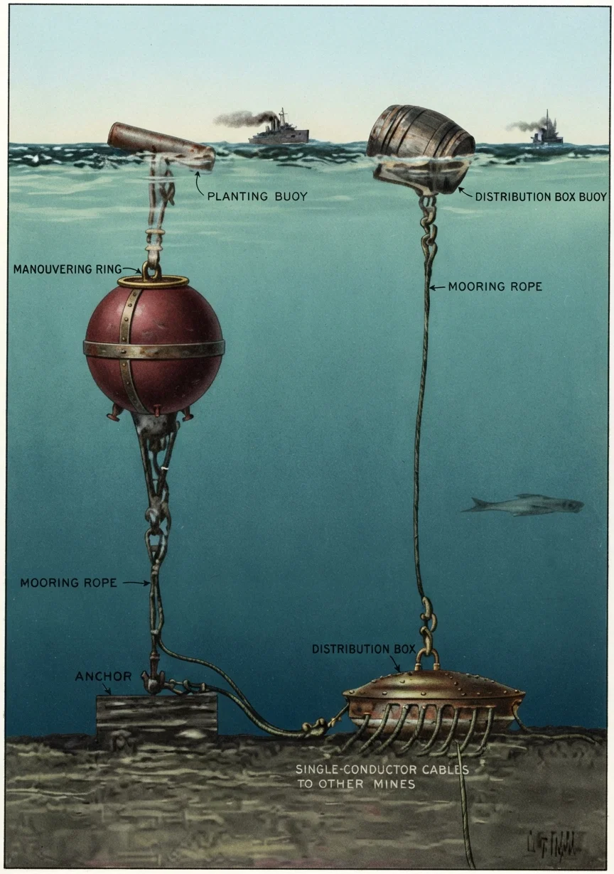 A Complete Submarine Mine. The buoy above at the left shows where the mine is planted. The sphere is the mine. Charged with 100 lbs. of nitroglycerin it costs $500. Exploded under a battleship it would sink it. Groups of these are planted across channels to keep out the enemy. They are controlled from the shore and are therefore harmless to known friendly ships. The submarine mining is said to be a great triumph of electrical engineering, the operations of which are kept secret. (From the "Scientific American.")