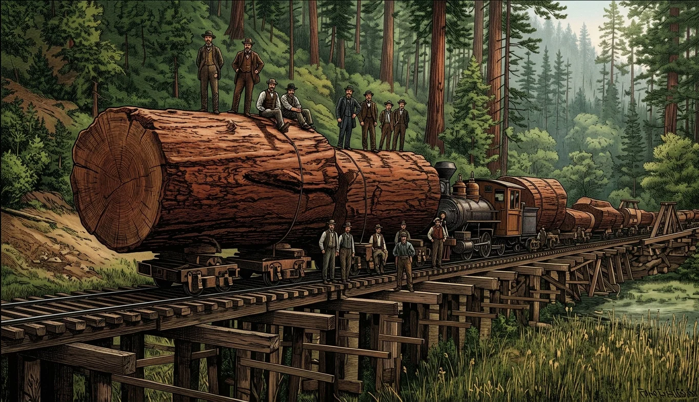 CALIFORNIA SCENERY, No. 18.—Among the striking forest trees of California are the great redwoods (Sequoia sempervirens), oftentimes reaching a diameter at the base of 13 feet, and a height of 250 to 300 feet. Similar scenes to the above are common in the redwood lumber regions. The diameter of the logs may be judged by the height of the men. One of the grandest places one ever walked, is in an unbroken redwood grove; a stronger feeling of worship is enkindled than dim-aisled and vaulted cathedral ever knew.