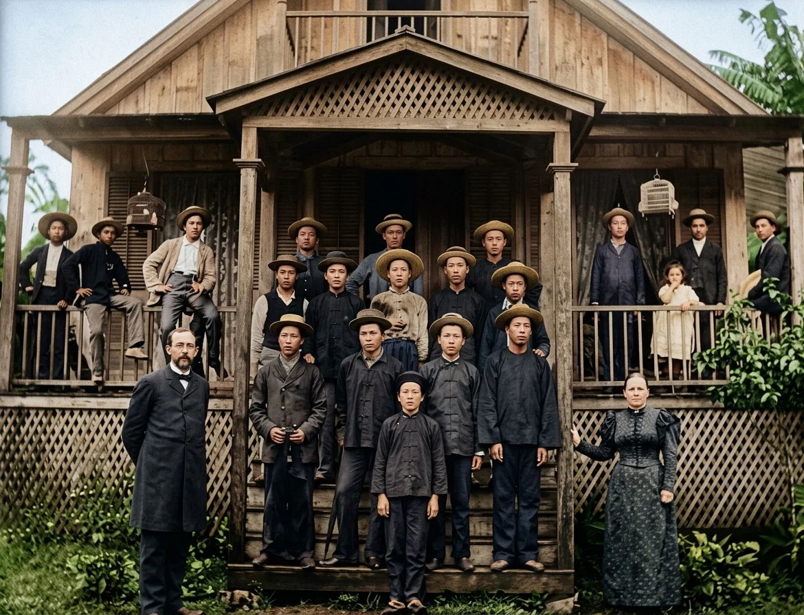 MISSIONARY H. H. BRAND AND HIS CHINESE SCHOOL, HILO, HAWAII.