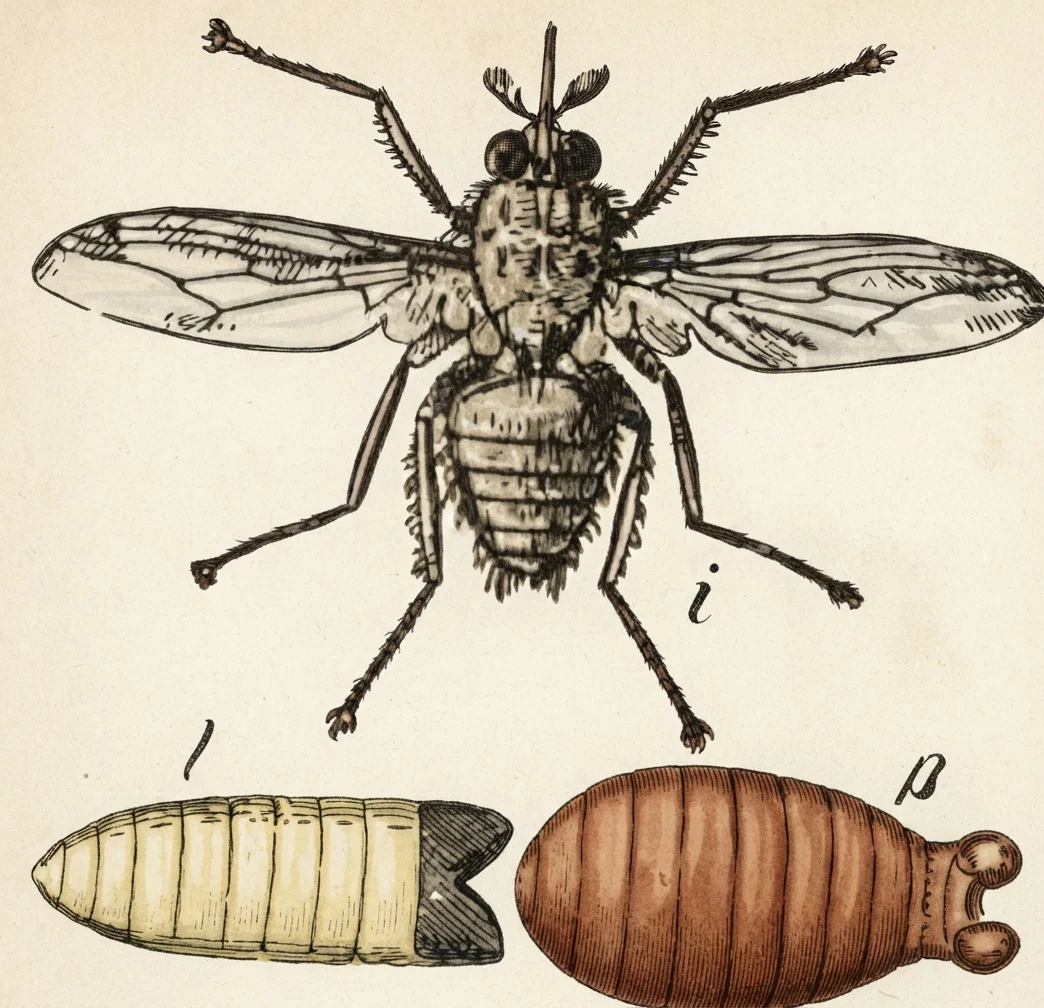 Tsetse Fly. l. Larva; p. Pupa; i. Imago