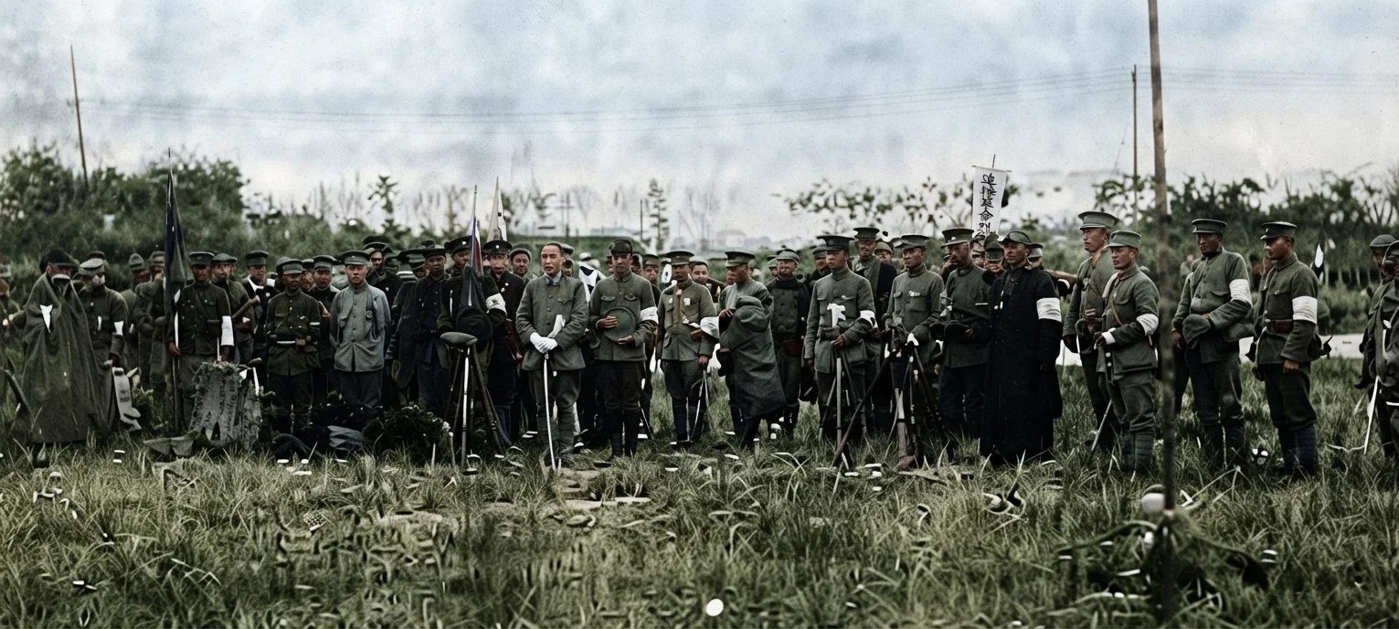 Memorial service for the dead rebel soldiers at Nanking. General Ling Zan Sen, in command of the rebel forces, is shown under the X, with his cap off. It is too bad that such fine looking men have to think themselves under the necessity of the horrors of war.