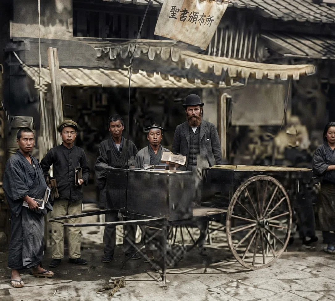Bible Cart, with Colporters, Japan.