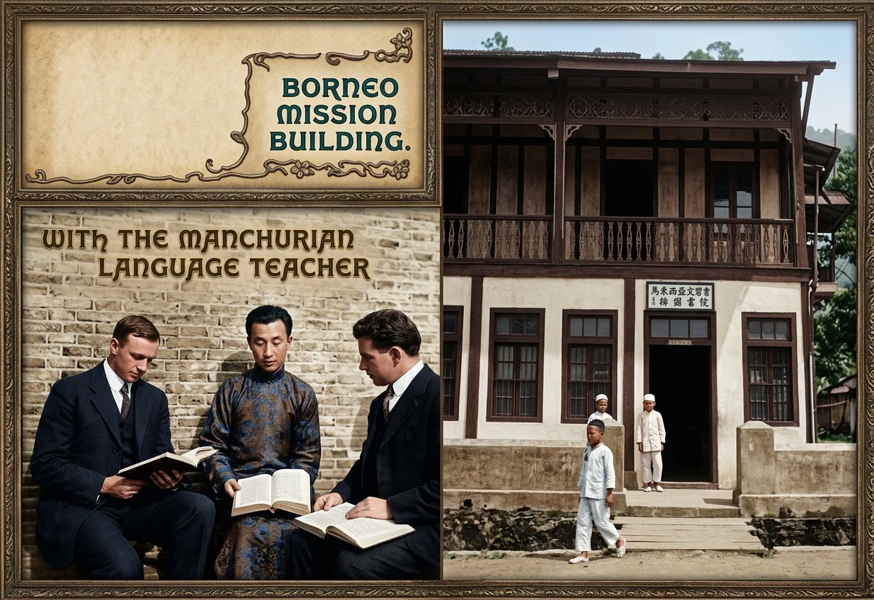 BORNEO MISSION BUILDING.
WITH THE MANCHURIAN LANGUAGE TEACHER.