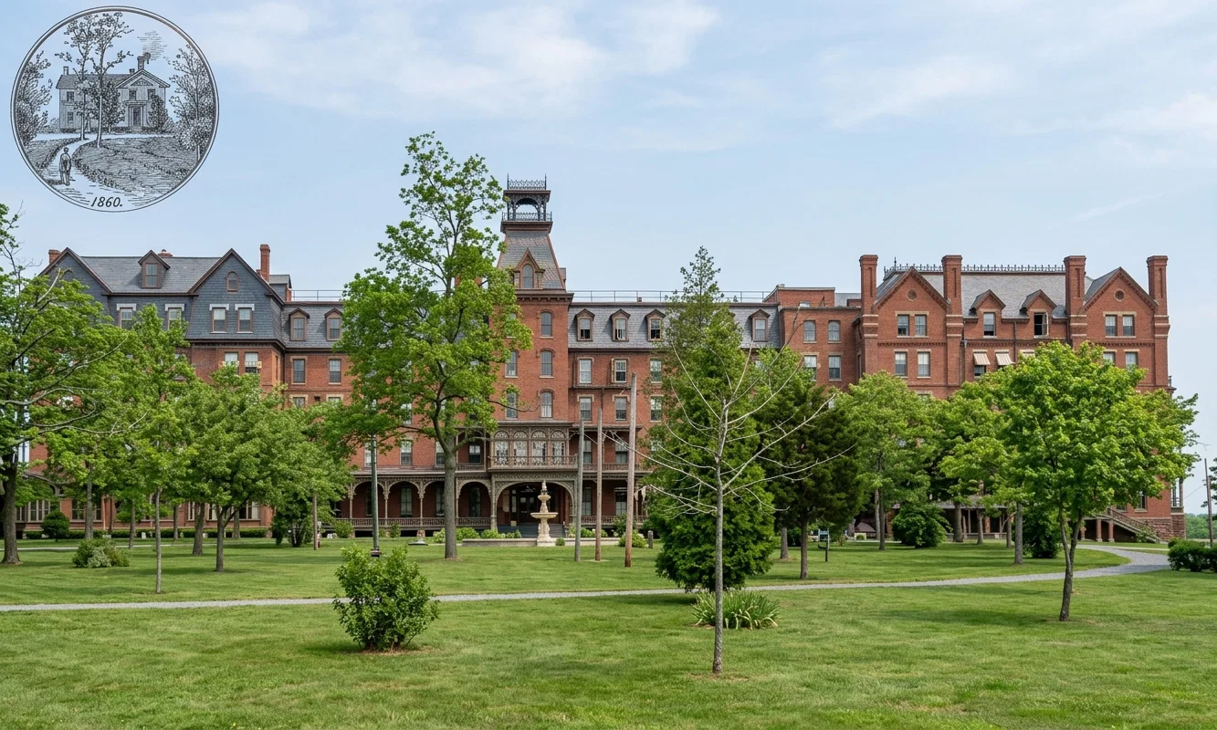 Sanitarium at Battle Creek, Mich. The Smaller Cut is of the Original Building, 1866.