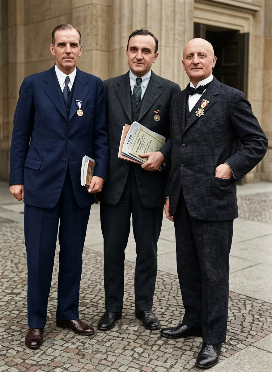 The three outstanding figures of the World Conference of Christian Youth held in Berlin, Germany. They are, left to right, Dr. Kelley of Glasgow, the European president of the federation; Dr. Daniel Poling of New York; and Dr. Gustav Schuermann, the world president of the conference. There were 14,000 youth from more than a score of nations in attendance, which is said to be the greatest convocation of Christian young men and women ever held.