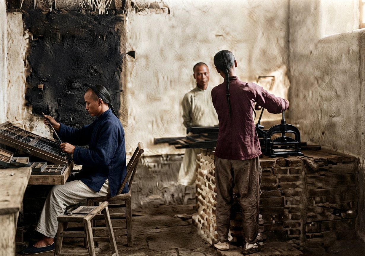 Two men working a small hand press in China