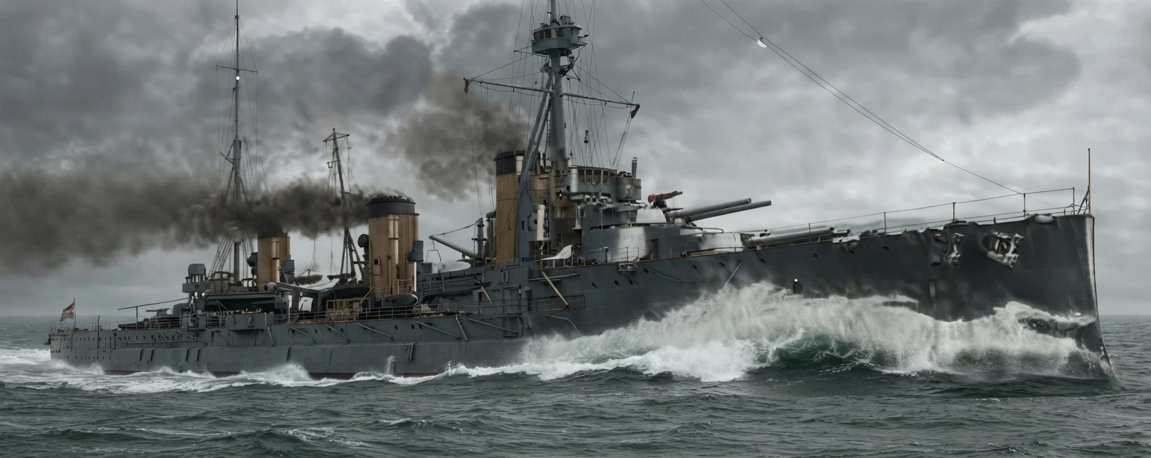 THE BRITISH CRUISER LION She combines the speed of a scout with the fighting qualities of a Dreadnought. Her length is 700 feet, and displacement 20,000 tons. She will mount eight 13.5-inch guns and steam thirty knots.