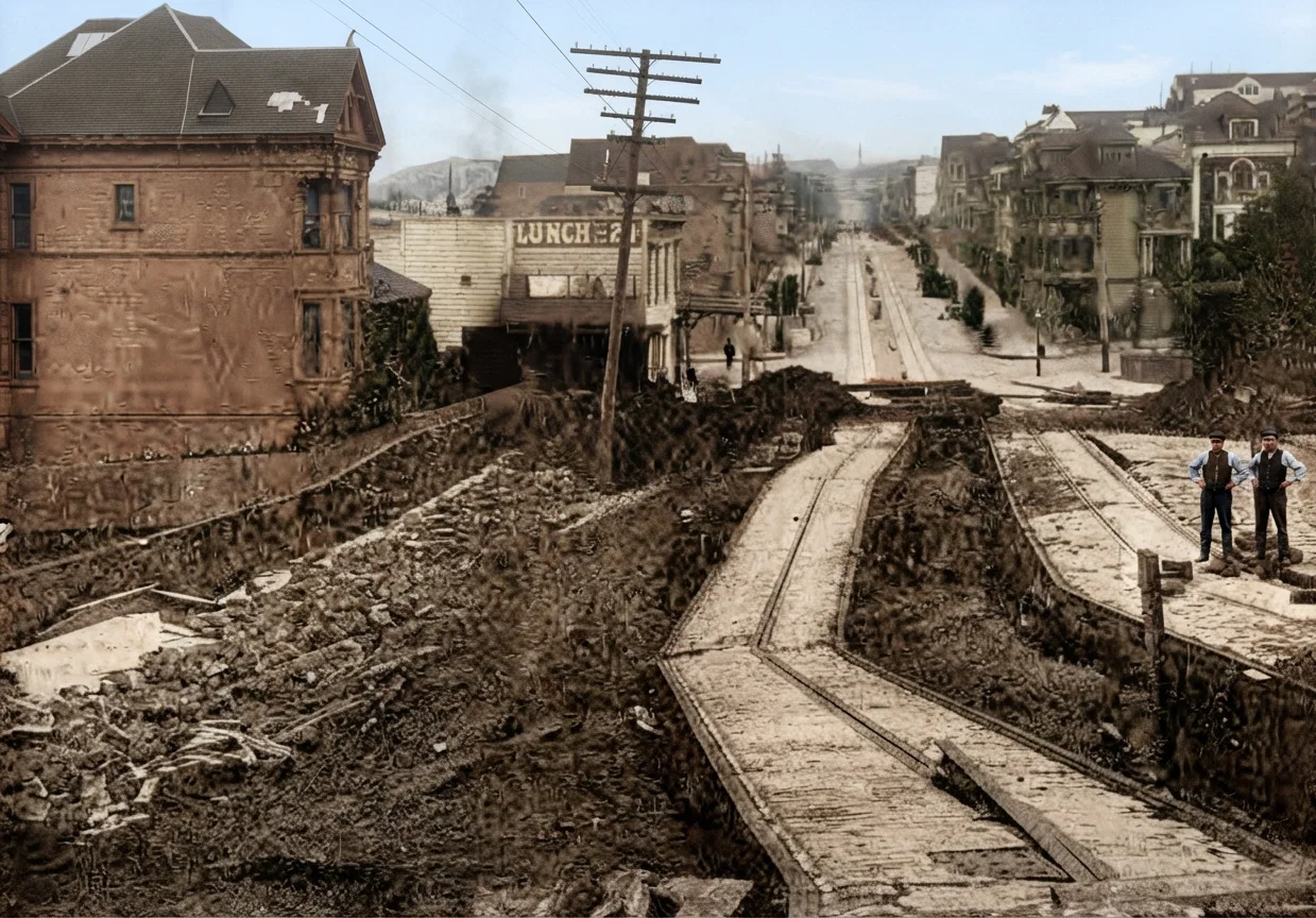 Union Street near Van Ness Avenue. This street was formerly straight, as may be seen from the track in the foreground and that in the distance forming a direct line between the two. It will be seen that the track at the left has been forced out much more than the track on the right. The depth of the cavities remaining may be seen from the men who are standing on either side of the track. This street is not on made land, but high up on the hills of northwestern San Francisco. This is one of the most striking street break-ups we have seen.
