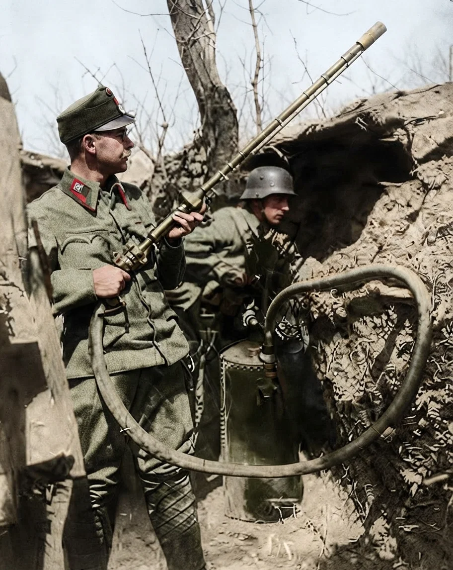 © American Press Association Austrians ready to turn liquid fire upon the advancing Russian troops