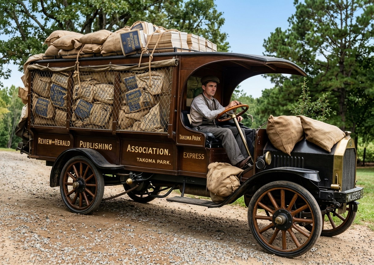 Early motor truck loaded with bundles of papers