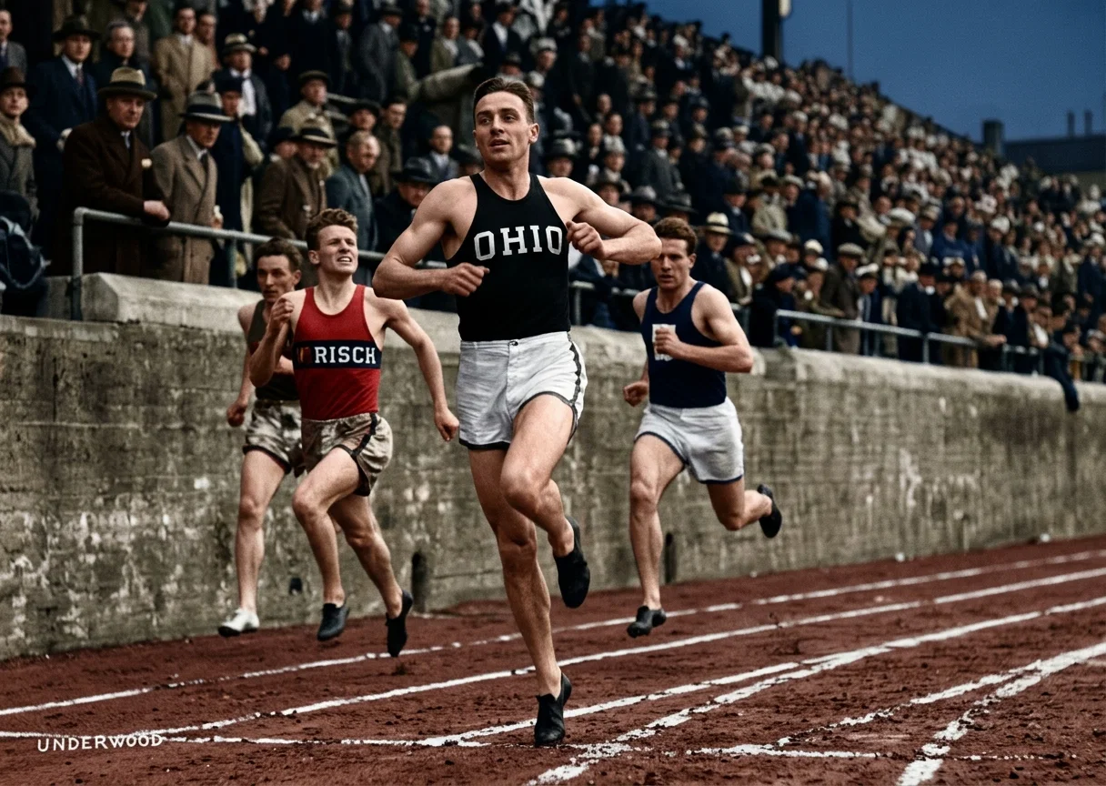 George Simpson, the “Buckeye Bullet” of Ohio, is here shown tying the world’s record by winning the 100-yard dash at the 36th annual Penn Relay Carnival, at Philadelphia, in 9 3/5 seconds. Only perfect health conditions permit such feats as this.
