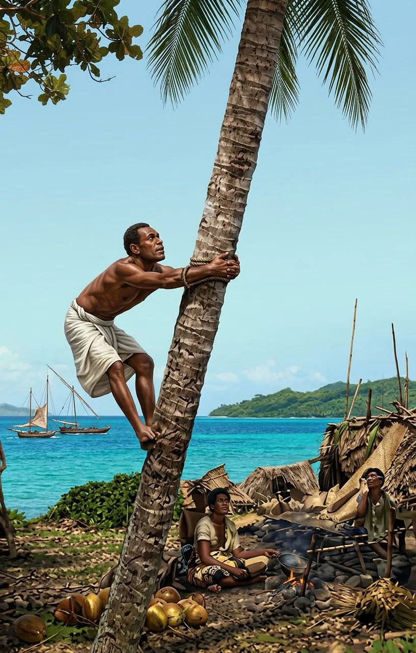 Fijian Native Climbing a Coconut Tree.
