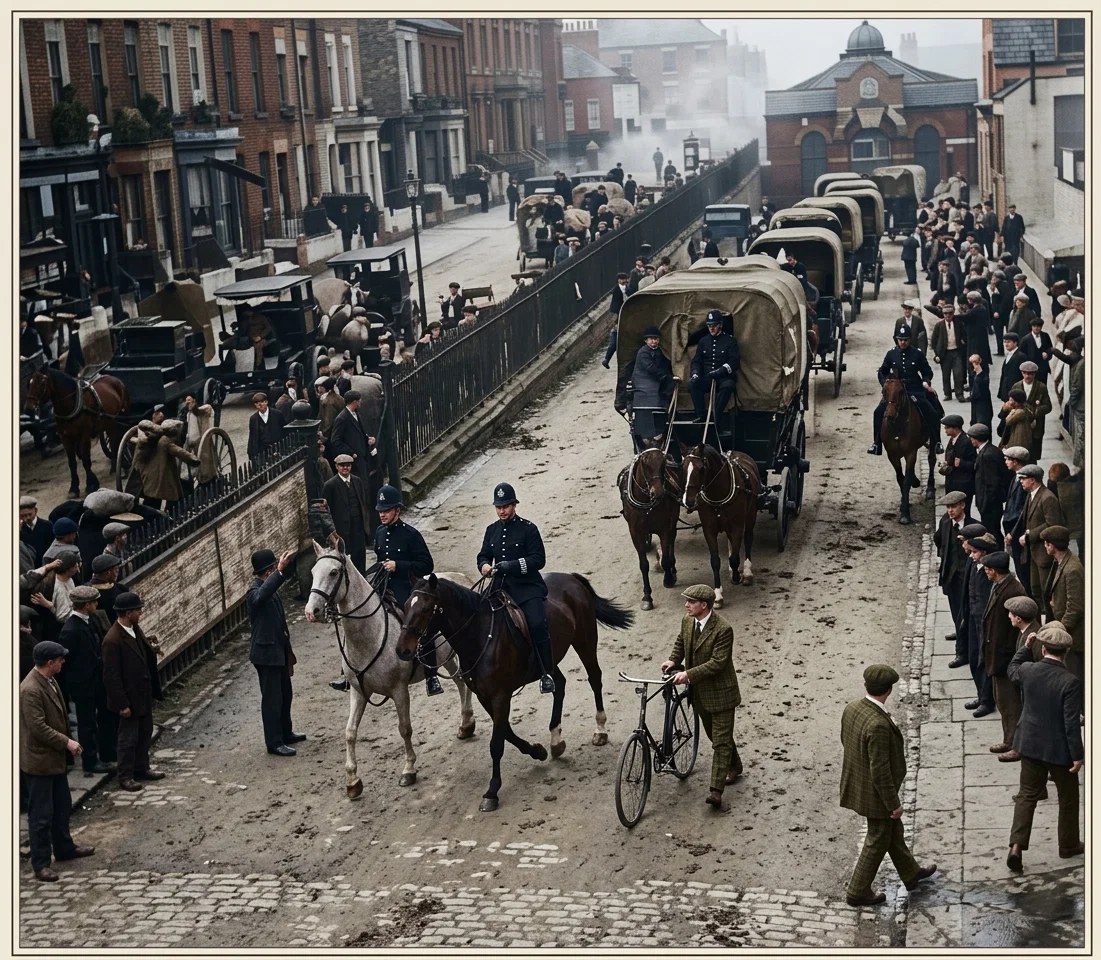 Provision wagons under police escort, a policeman on each van, and mounted police at the side. (From "Black and White.")