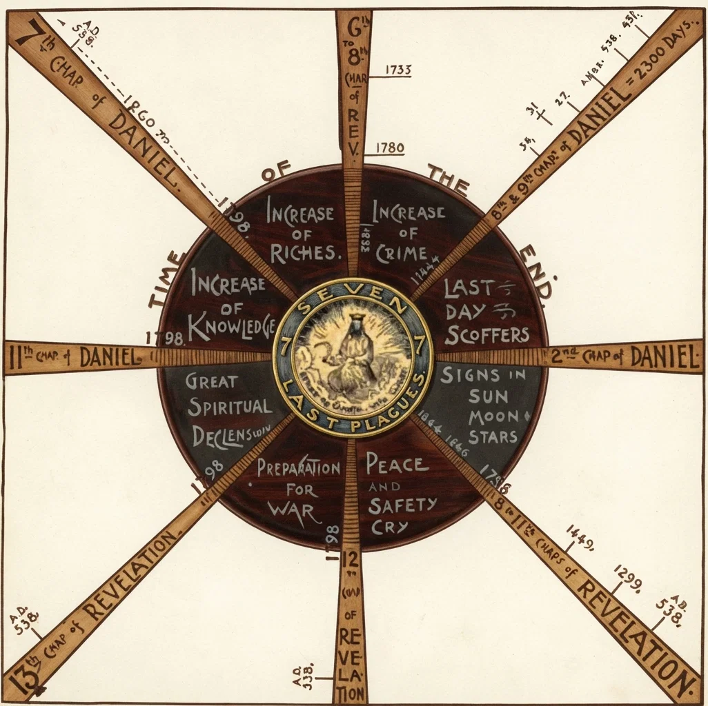 The above diagram illustrates in part the great field of prophecy. The radiating spokes show eight lines of prophecy. The time of the end is marked by the close of the 1,260 days of papal domination in 1798. Note the special signs all occurring since that time and now. Jesus says: "When ye see all these things, know that He is near, even at the doors."