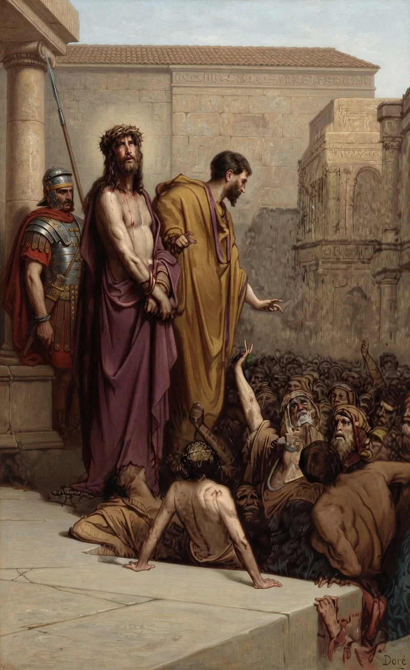"Then came Jesus forth, wearing the crown of thorns, and the purple robe. And Pilate saith unto them, BEHOLD THE MAN!" John 19:5.